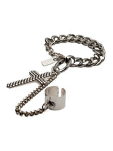 Gothic cross hand chain bracelet featuring a large cross pendant, stainless steel chain, and antique silver-plated adjustable ring.