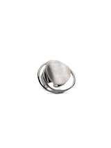 Adjustable sterling silver ring featuring a large, irregular circle with a modern geometric design, hypoallergenic and versatile.