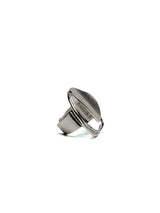 Adjustable sterling silver ring featuring a large, irregular circle with an abstract, modern design.