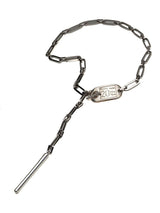 Personalized stainless steel lariat necklace with a Y-drop design, featuring a sleek engraved ID tag on a silver link chain.