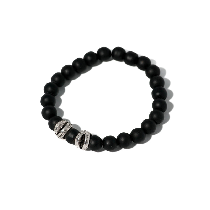 Black rubber beaded bracelet with metal details (M-7015)