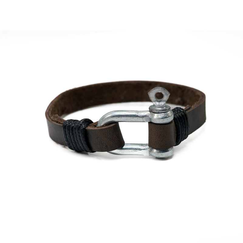 Beige-brown men’s leather bracelet with nautical shackle clasp and black thread (M-7024)