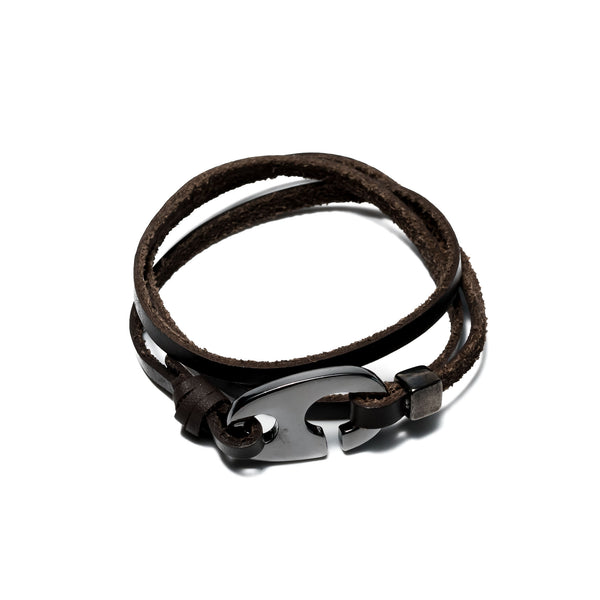 Black leather bracelet with gun metal buckle for men (M-7034)