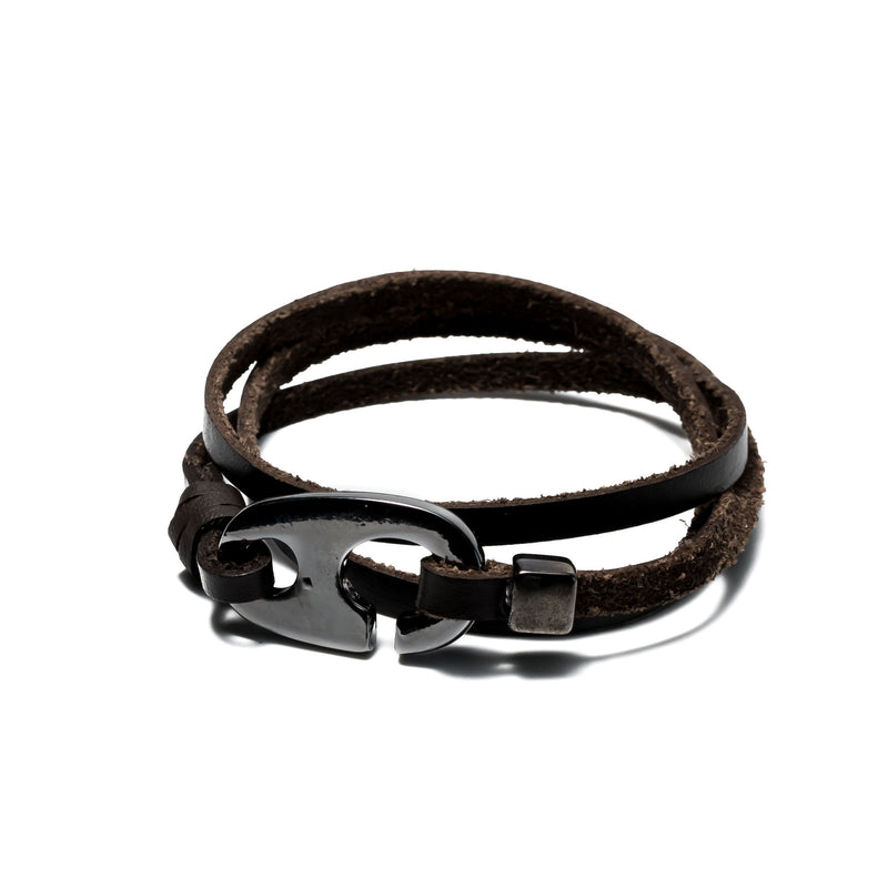 Black leather bracelet with gun metal buckle for men (M-7034)