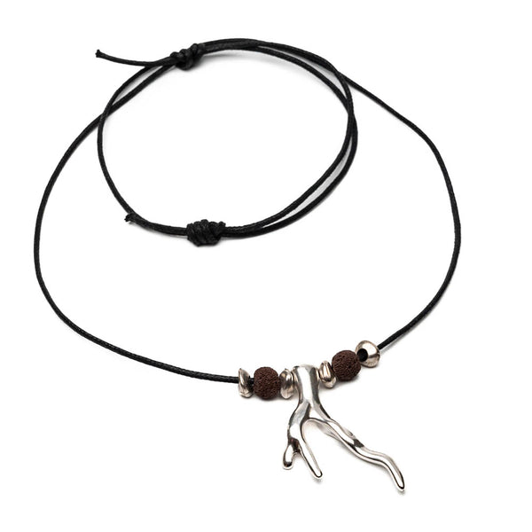 Necklace with black cord and metal coral with brown lava stones(M-7060)