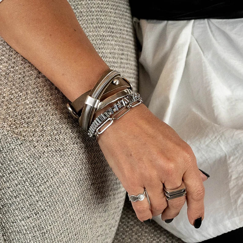 Khaki-beige rough wrap around leather bracelet with chains and buckle  (BR-202)