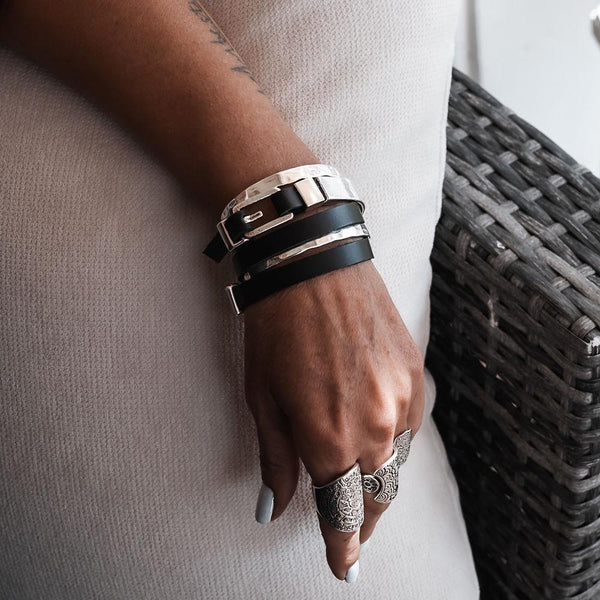 Triple black leather and metal wrap bracelet with buckle and magnetic closure for your everyday look. Unisex edgy wrap around cuff bracelet