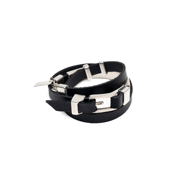 Triple black leather and metal wrap bracelet with buckle and magnetic closure for your everyday look. Unisex edgy wrap around cuff bracelet
