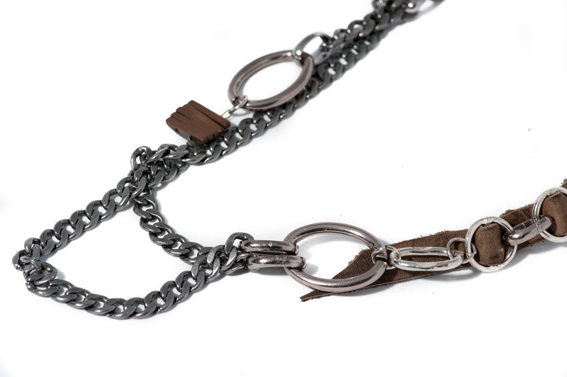 Necklace - Necklace With Khaki-beige Rough Leather And Iron Chains (NC-1028) - Otherwise Jewelry+
