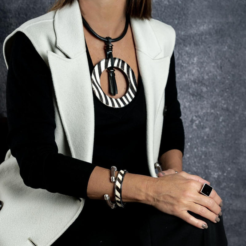 Necklace with animal print on leather and gun metal elements (NC-1062) - Otherwise Jewelry+