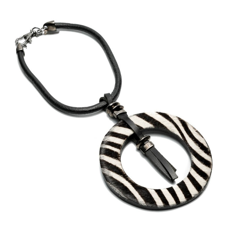 Necklace with animal print on leather and gun metal elements (NC-1062) - Otherwise Jewelry+