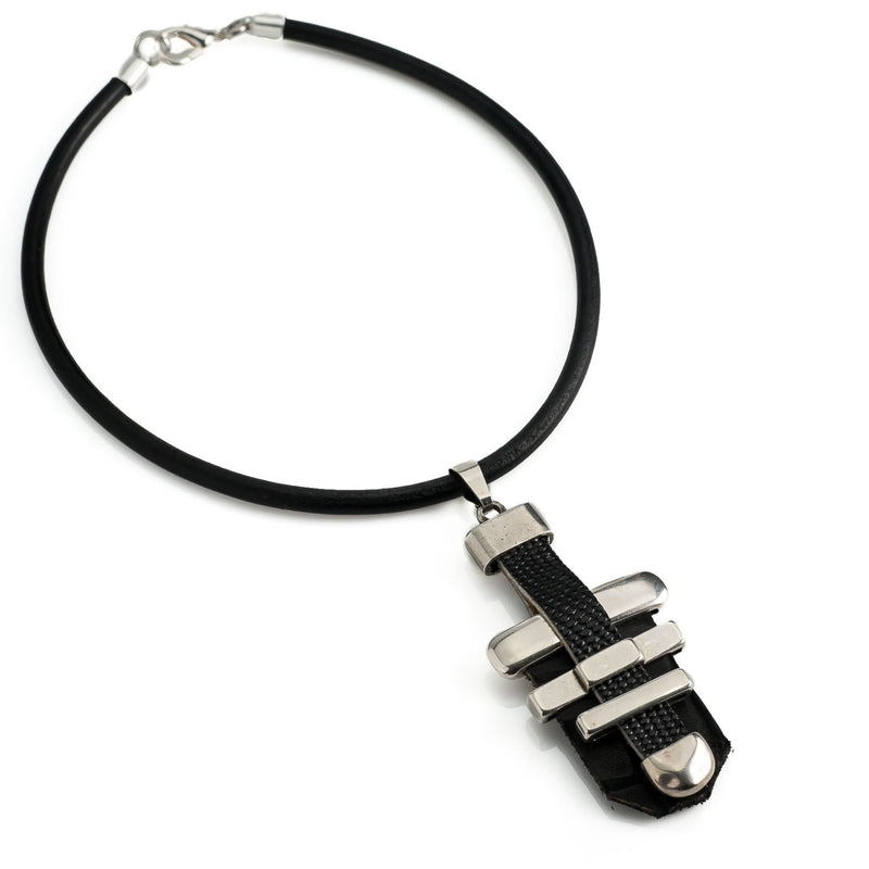 Black leather necklace with metal bars (NC-1090)