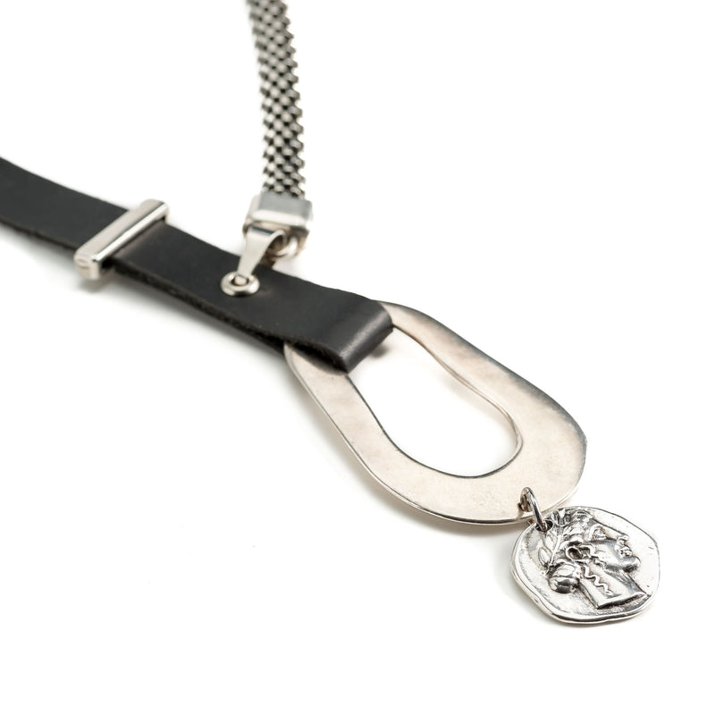 Soft black leather necklace with irregular shaped design and coin pendant (NC-1092)​