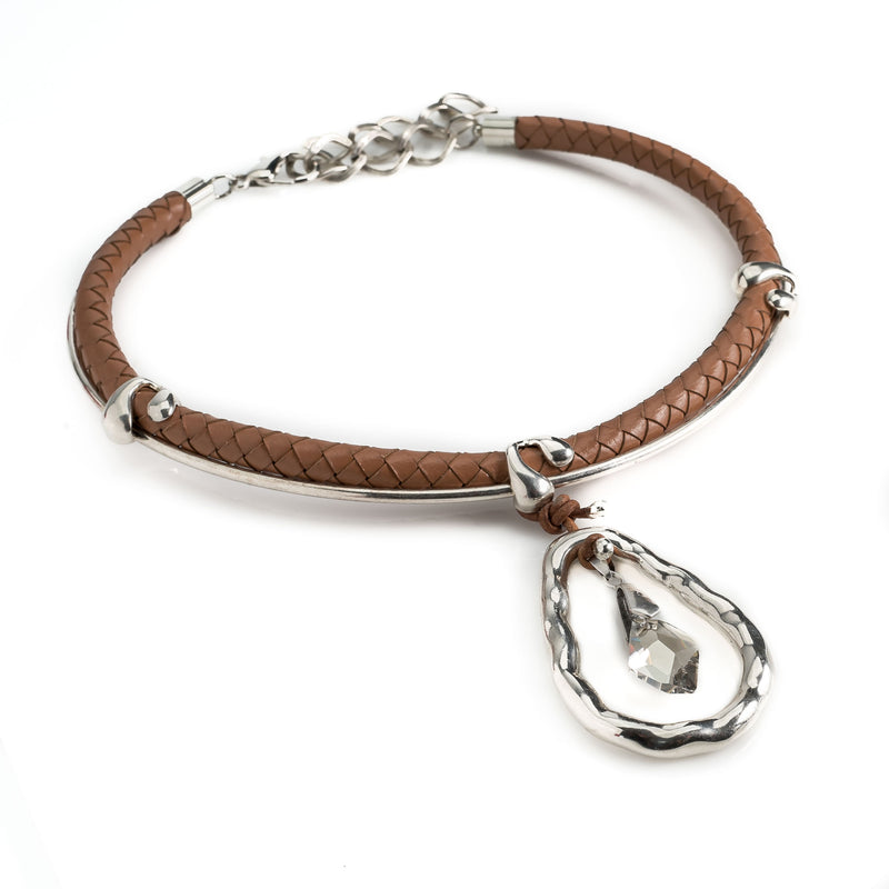 Camel colored braided leather necklace with Swarovski (NC-1094)​