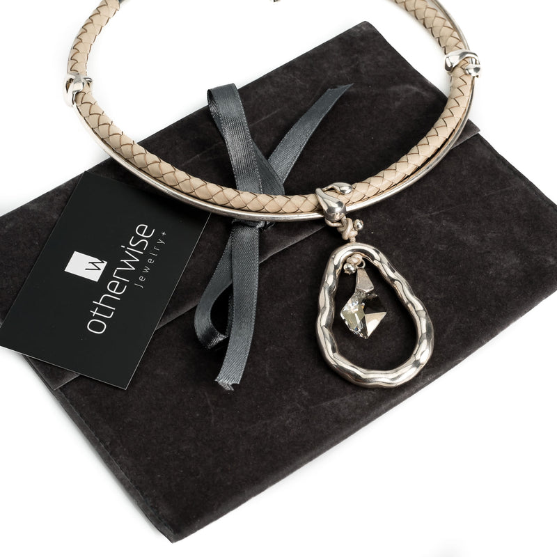 Off-white coloured braided leather necklace with Swarovski (NC-1095)​