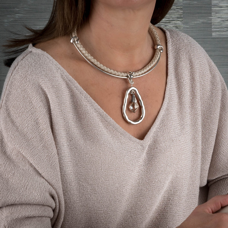 Off-white coloured braided leather necklace with Swarovski (NC-1095)​