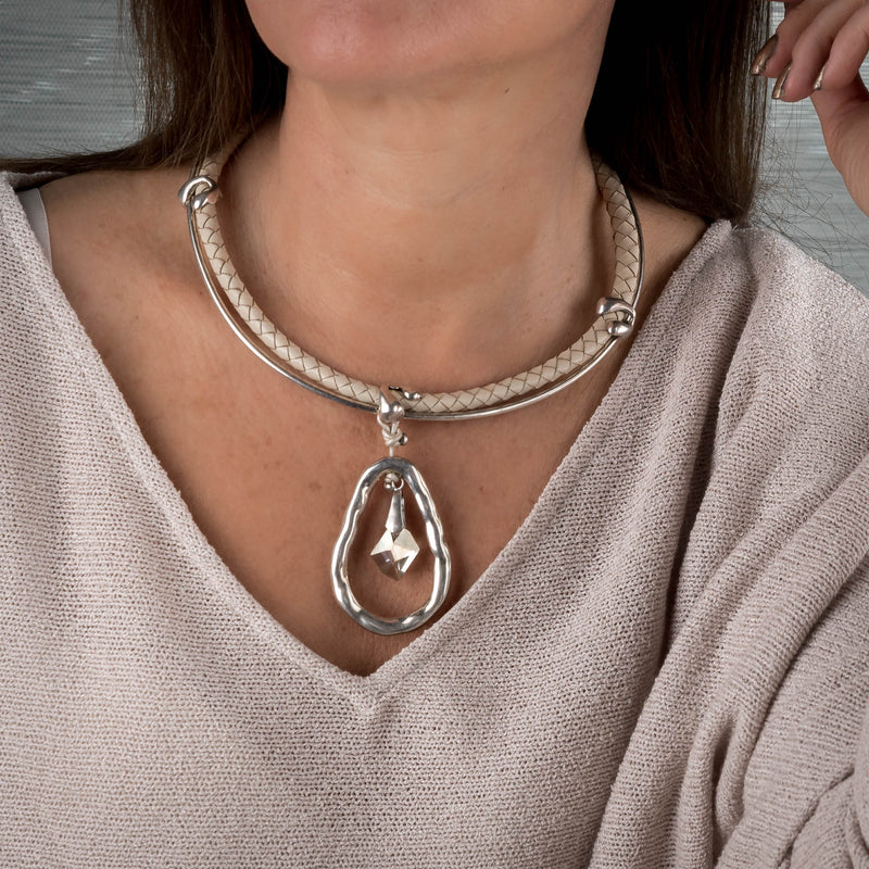 Off-white coloured braided leather necklace with Swarovski (NC-1095)​