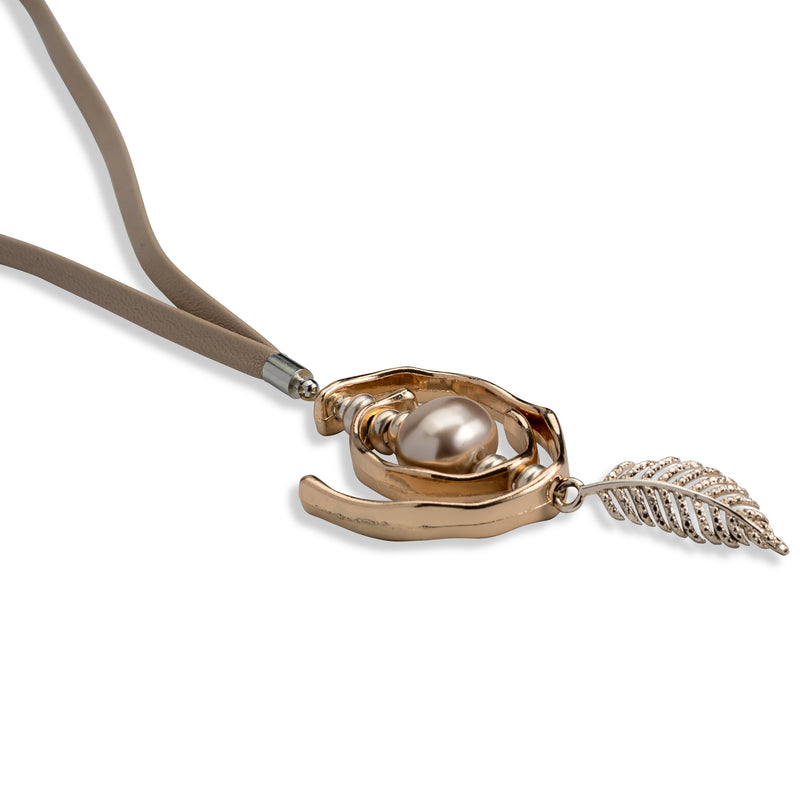 Unode50 style gold and pearl necklace with beige leather (NC-1106)