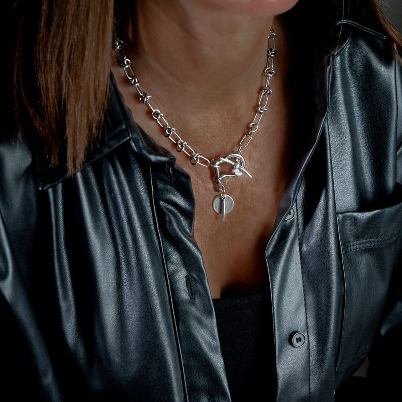Knot link chain necklace, bold T-bar and coin necklace (NC-1159)