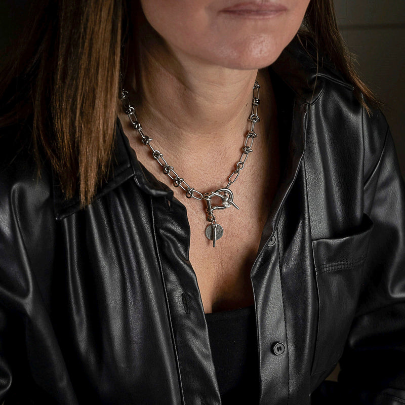 Knot link chain necklace, bold T-bar and coin necklace (NC-1159)