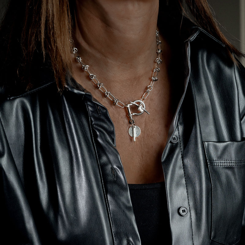 Knot link chain necklace, bold T-bar and coin necklace (NC-1159)