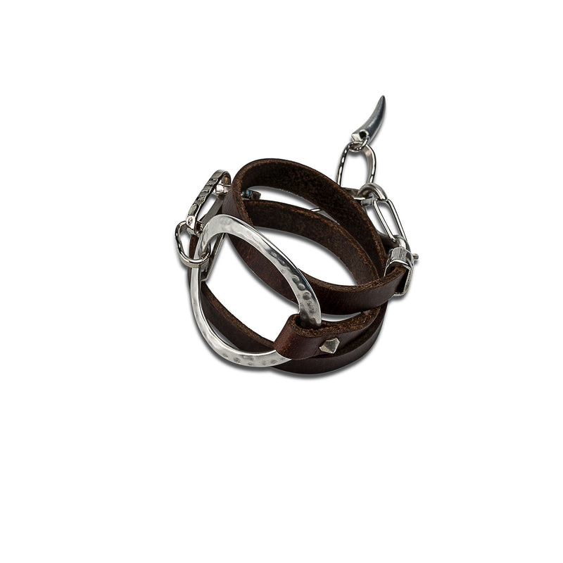 Double wrap leather bracelet with hammered metal hoop (BR-181)