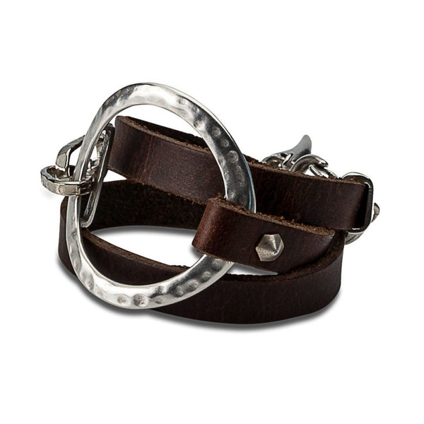 Double wrap leather bracelet with hammered metal hoop (BR-181)