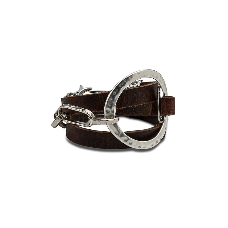 Double wrap leather bracelet with hammered metal hoop (BR-181)