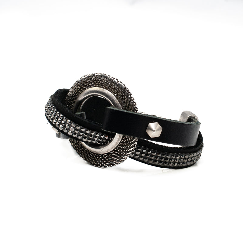 Textured disc bracelet with leather and strass  (BR-186)