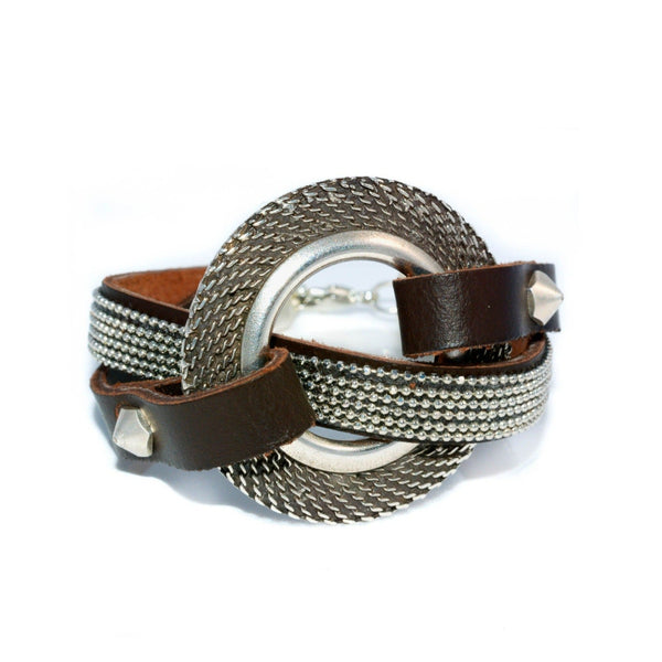Textured disc bracelet with leather and strass  (BR-186)