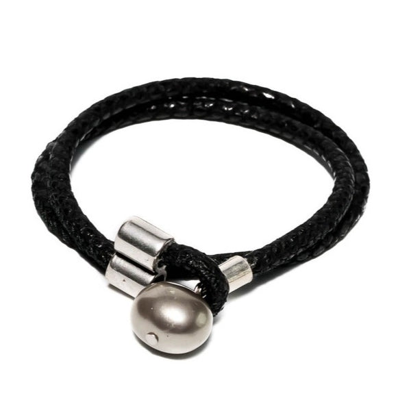 Bracelet - Bracelet With Stitched Black Leather With Shell Pearl  (BR-193)