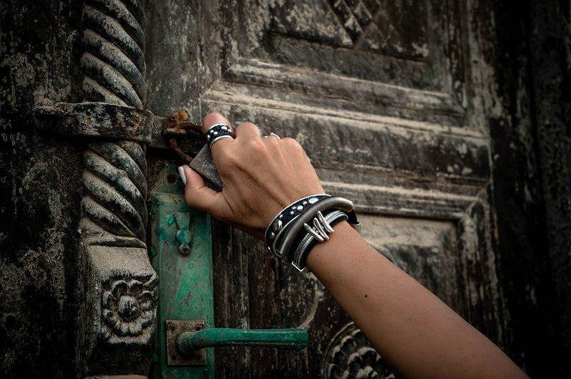 Ring with reptile print leather and metal pieces (R-2023) - Otherwise Jewelry+