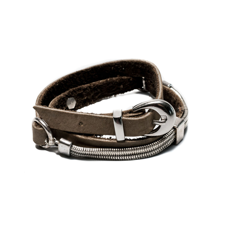 Bracelet - Khaki-beige Rough Wrap Around Leather Bracelet With Chains And Buckle  (BR-202)
