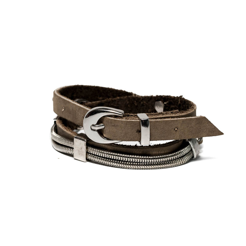 Bracelet - Khaki-beige Rough Wrap Around Leather Bracelet With Chains And Buckle  (BR-202)