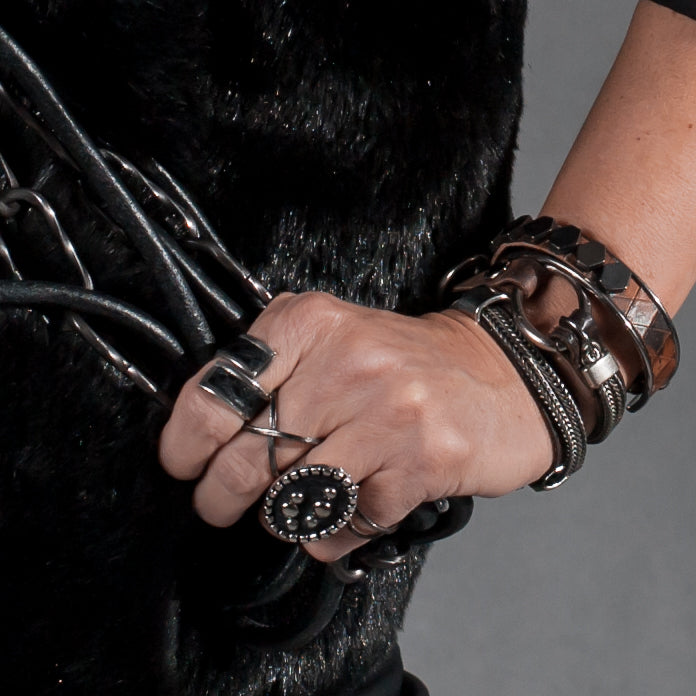 Bracelet - Bracelet With Soft Dark Brown Stitched Leather And Metal Elements  (BR-203)