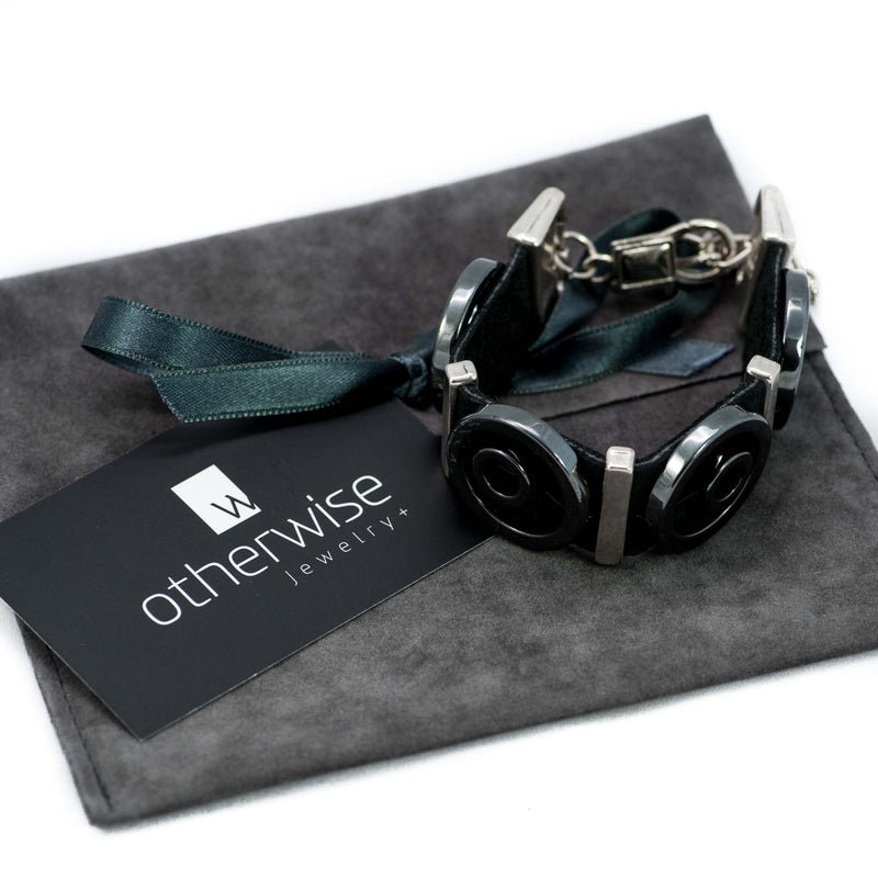 Bracelet With Black Leather, Hematives Designs And Sivler-plated Elements (BR-245)- Othrewise Jewelry+