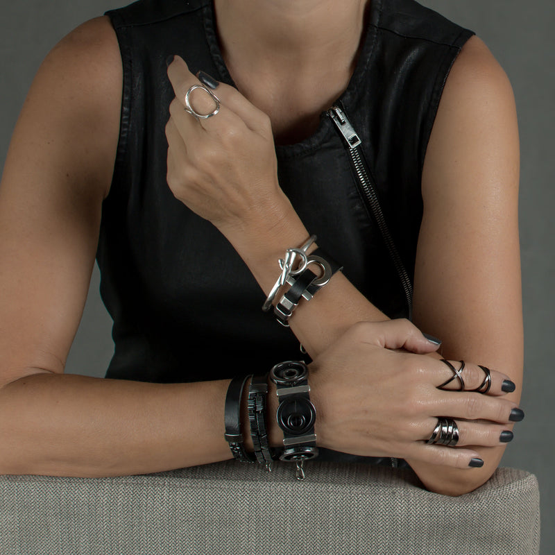Bracelet With Black Leather, Hematives Designs And Sivler-plated Elements (BR-245)- Othrewise Jewelry+