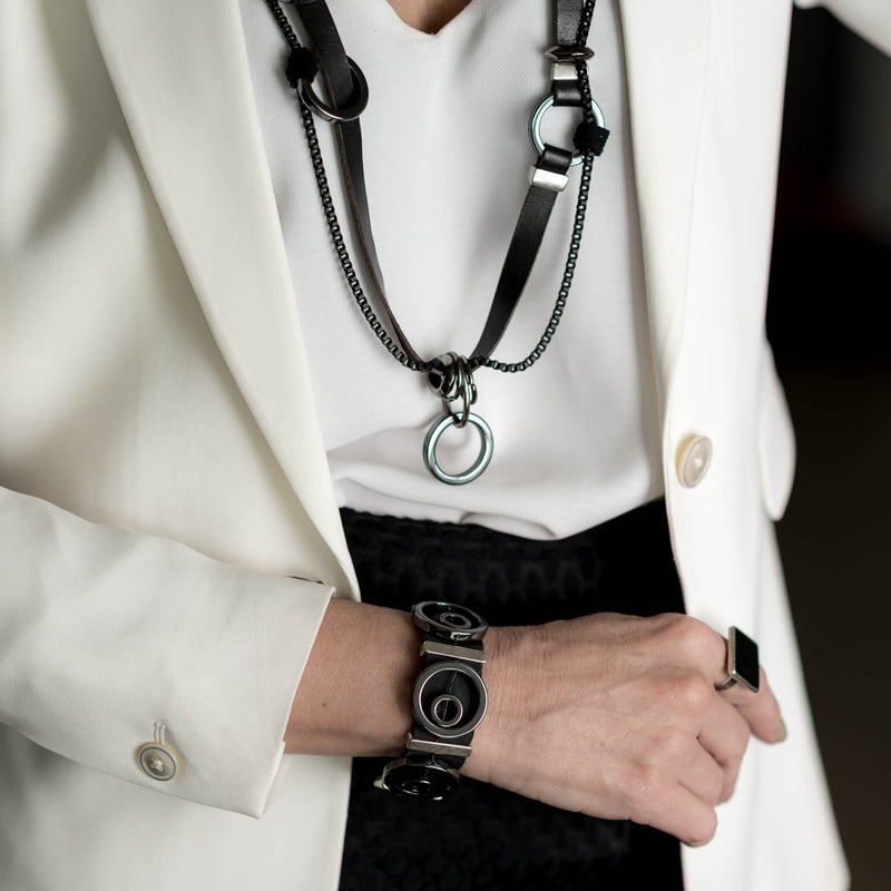 Bracelet With Black Leather, Hematives Designs And Sivler-plated Elements (BR-245)- Othrewise Jewelry+