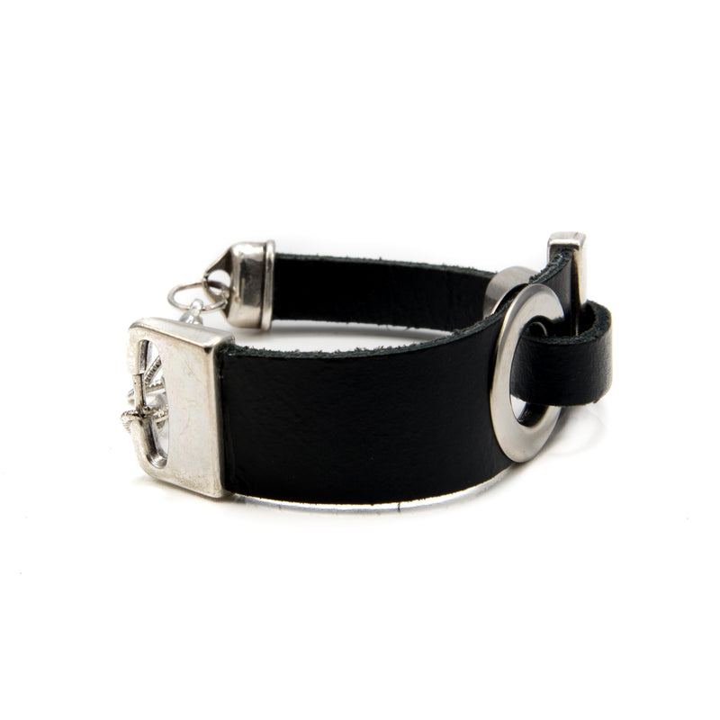 Modern Black Leather Bracelet With Silver-plated Designs (BR-247) - Otherwise Jewelry+