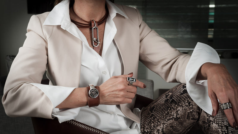 Bracelet - Camel Colored Leather And Metal Bracelet With Big Swarovski Element (BR-249)