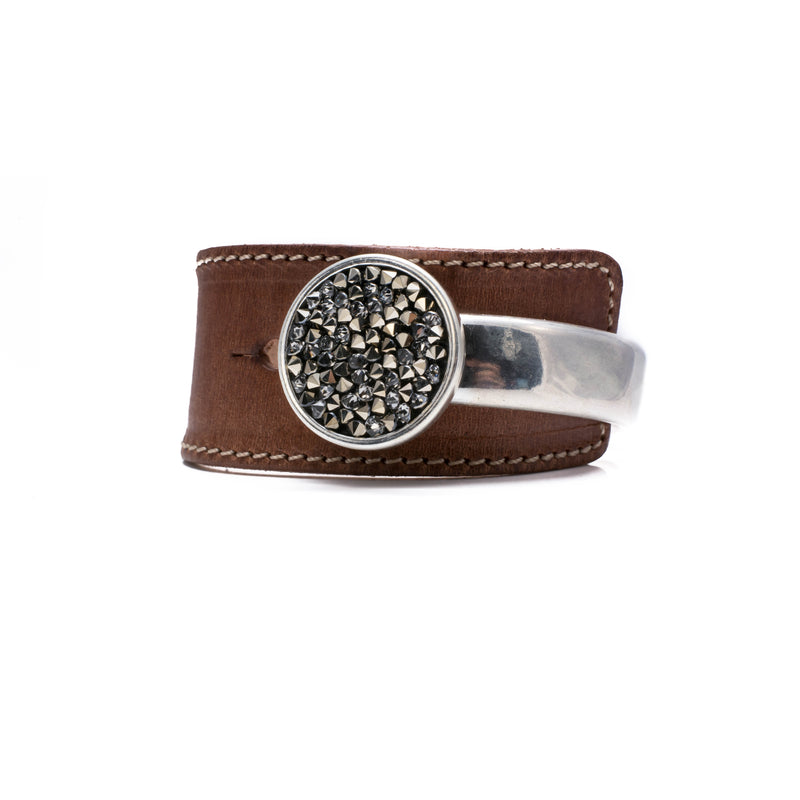 Camel colored leather and metal bracelet with big Swarovski element (BR-249)