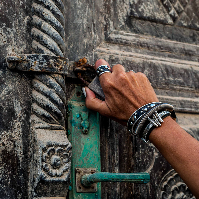 Wrap-around black stitched leather bracelet with silver-plated chains and elements (BR-274) - Otherwise Jewelry +