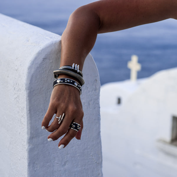 Wrap-around black stitched leather bracelet with silver-plated chains and elements (BR-274) - Otherwise Jewelry +