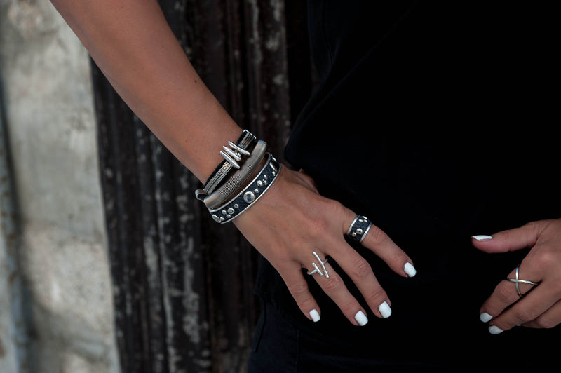 Wrap-around black stitched leather bracelet with silver-plated chains and elements (BR-274) - Otherwise Jewelry+
