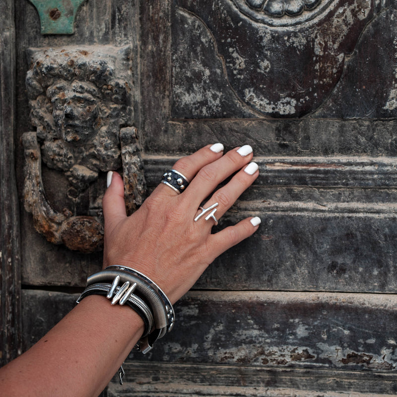 Wrap-around black stitched leather bracelet with silver-plated chains and elements (BR-274) - Otherwise Jewelry+