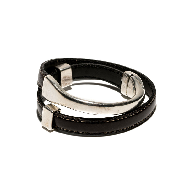 Bracelet with double stitched dark brown leather and silver-plated component (BR-286) - Otherwise Jewelry+