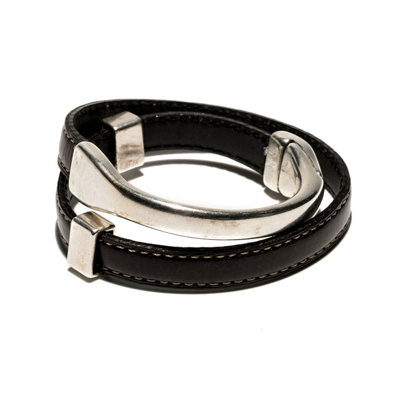 Bracelet with double stitched dark brown leather and silver-plated component (BR-286) - Otherwise Jewelry+