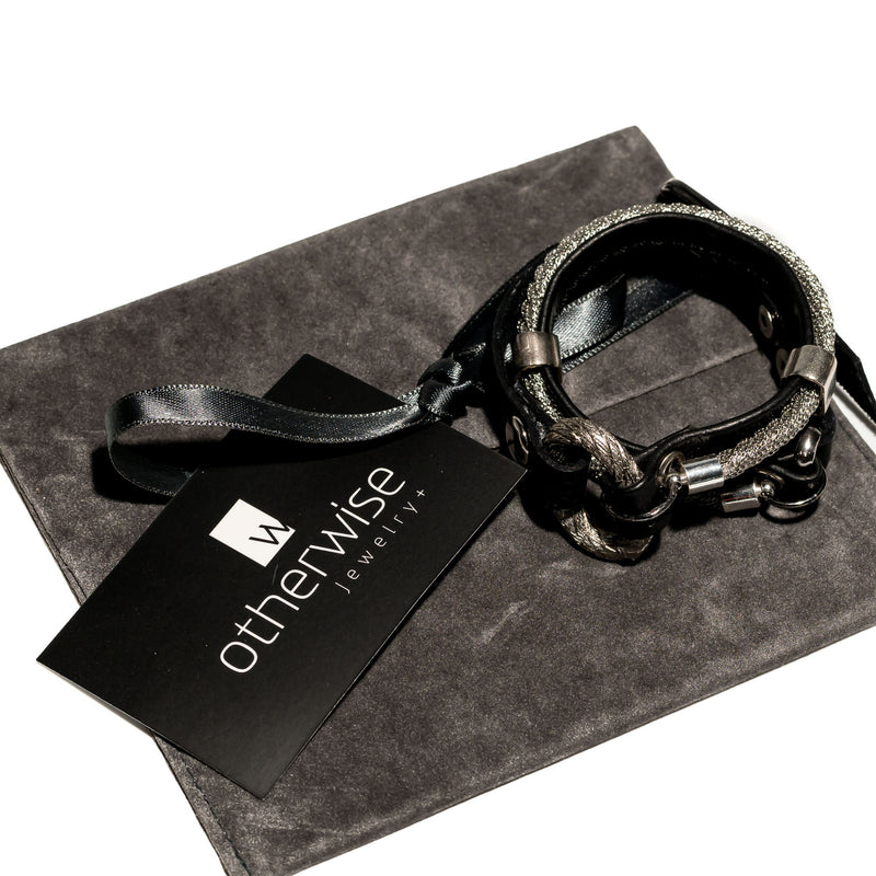 Soft black leather bracelet with stainless steel chain and silver-plated metal elements (BR-323)