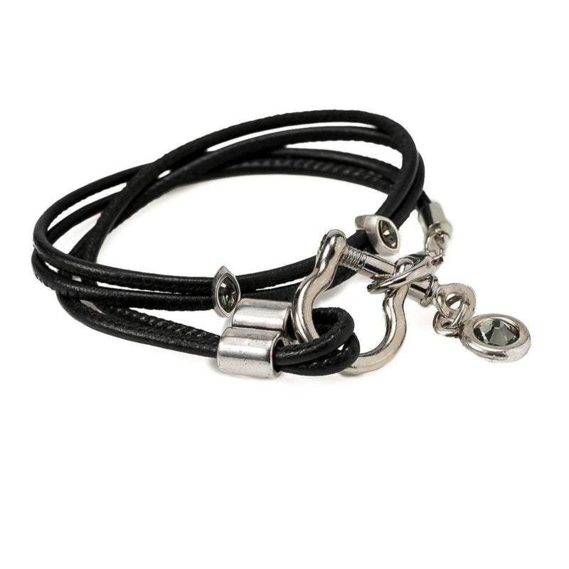 Wrap around black stitched leather with metal elements and Swarovski stones (BR-350)