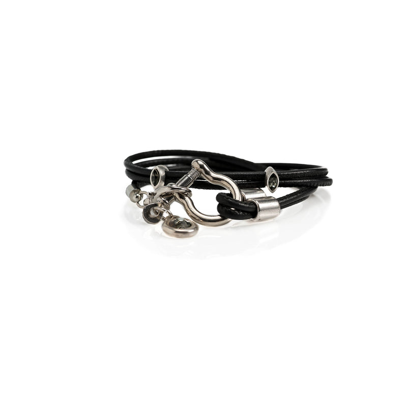 Wrap around black stitched leather with metal elements and Swarovski stones (BR-350)